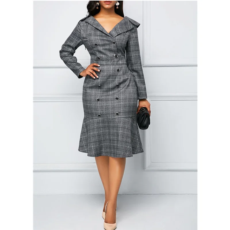 

Long Sleeve V-neck Large Size Gingham Button Ruffles Lady Casual Dress, Purple,gray,blue