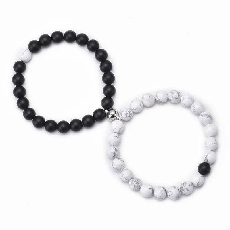 

2 Pcs Couples Bracelets Magnetic Attraction Black Matte Agate Volcanic Stone Bracelet for Women Men Distance Matching, Black,white,pink ,any color we can custom for you