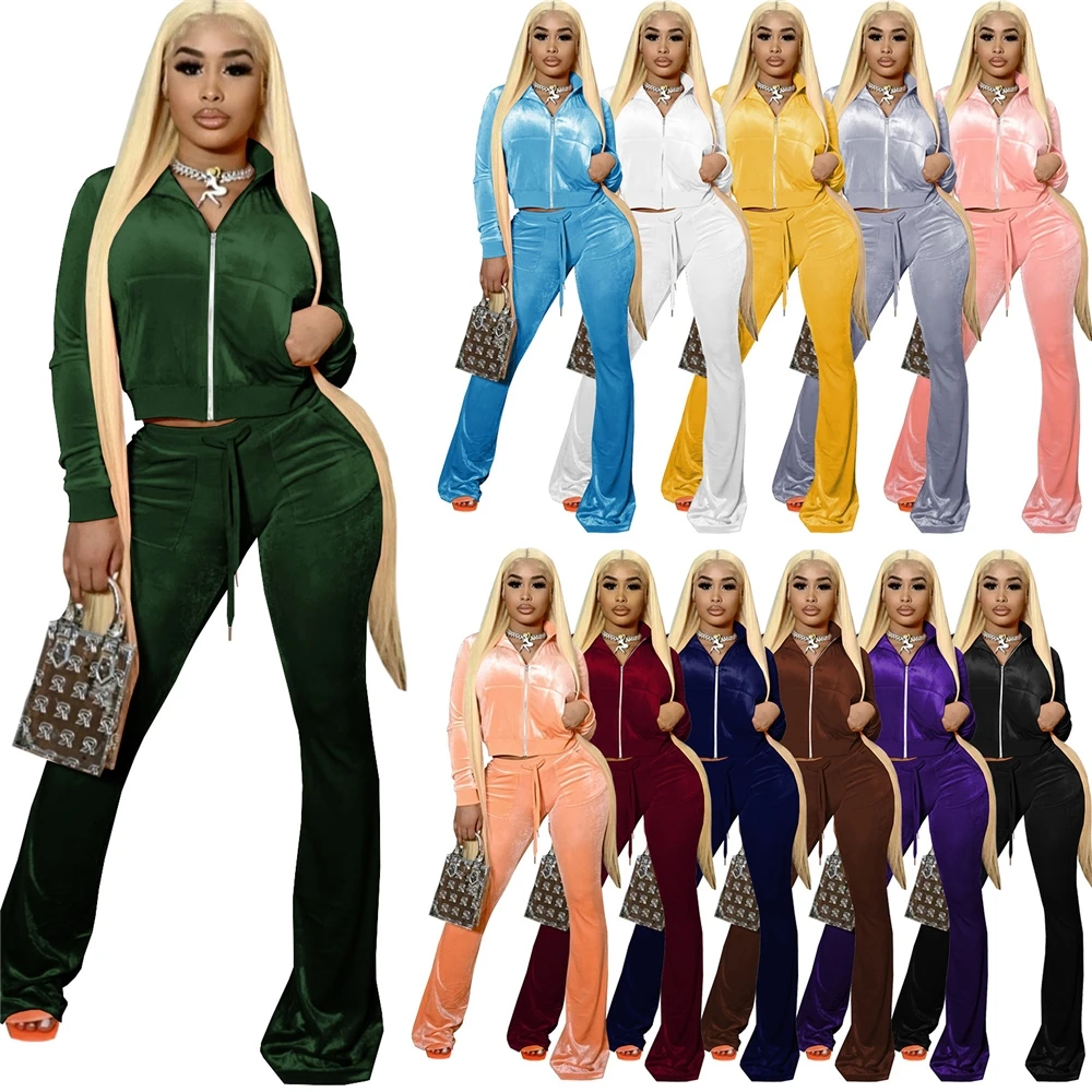 

EB-20081810 Cropped Jacket Coats Velour Tracksuit Set Comfortable Two Piece Set Women Velvet Jogging Suits Wholesale