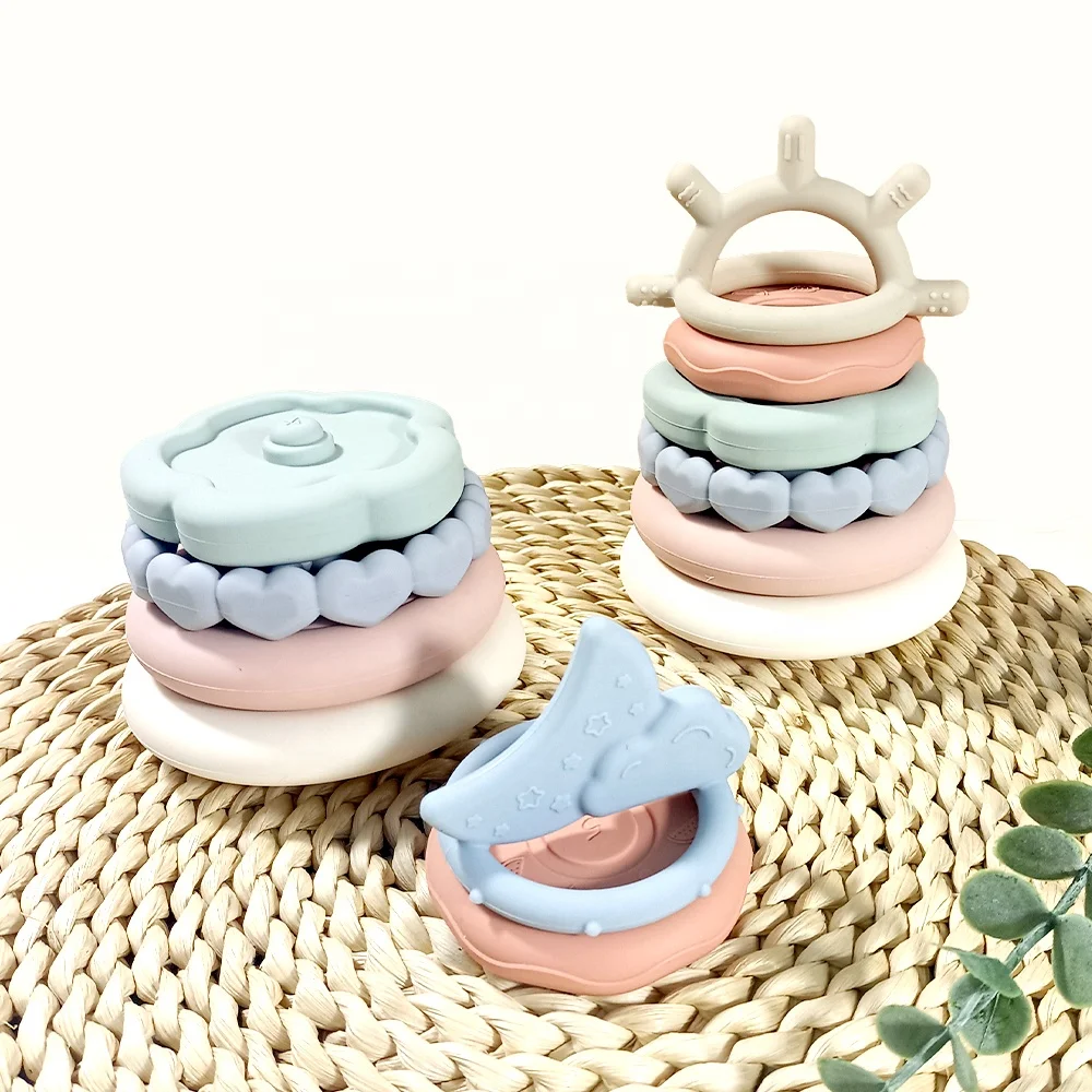 

Custom Baby Stacking Toy Kids Educational Building Toy 6 Piece Teethers Set Food Grade Silicone Baby Teether Toy