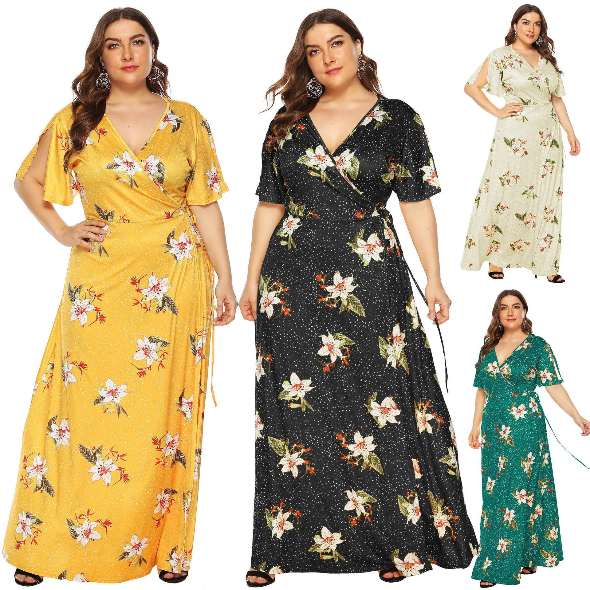 

Wholesale Deep V Floor Length Sleeve Plus Size Floral Print Fairy long Ball Gown Dress 2021 casual dress xxxxl America, Floral printed