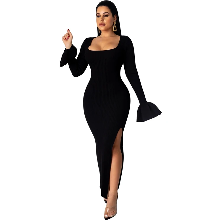 

2021 Slit Design Lady Dress Women Pure Color Dresses Ladies Long Evening Dress