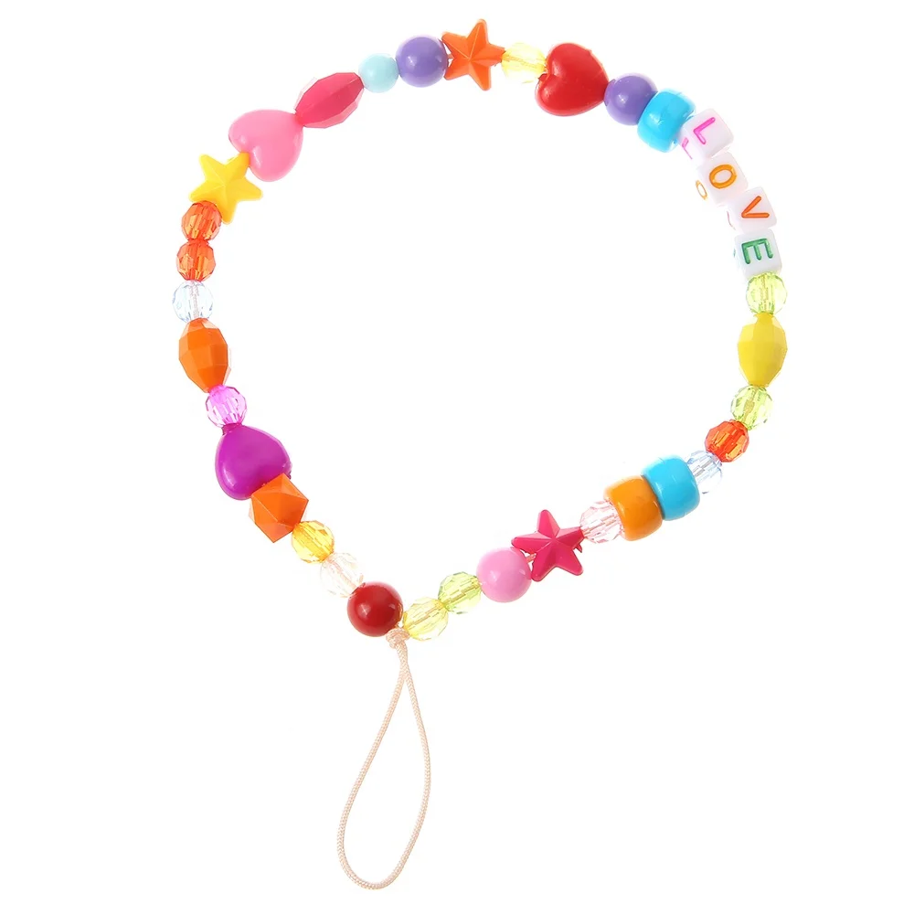 

New DIY mobile phone chain Mobile Phone Lanyard decorated with colorful beads Plastic heart beads LOVE Letter String Wristband, Picture