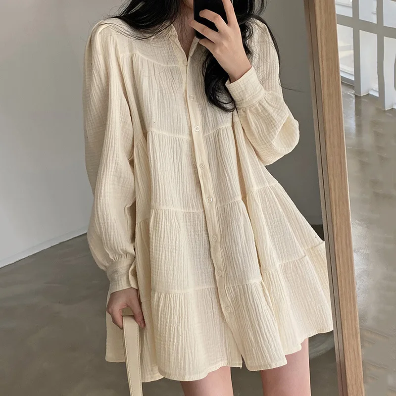 

Boutique Korean Style 2021 New Spring Temperament Fashion Cotton Casual Bubble Sleeve Long Sleeve Women Dress, Customized color