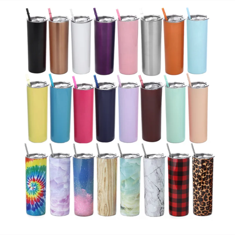 

White Blank Sublimation 20OZ Skinny Stainless Steel Tumbler Wine Double Wall Blanks Straight Tumblers 20 OZ With Metal Straws, Customized color