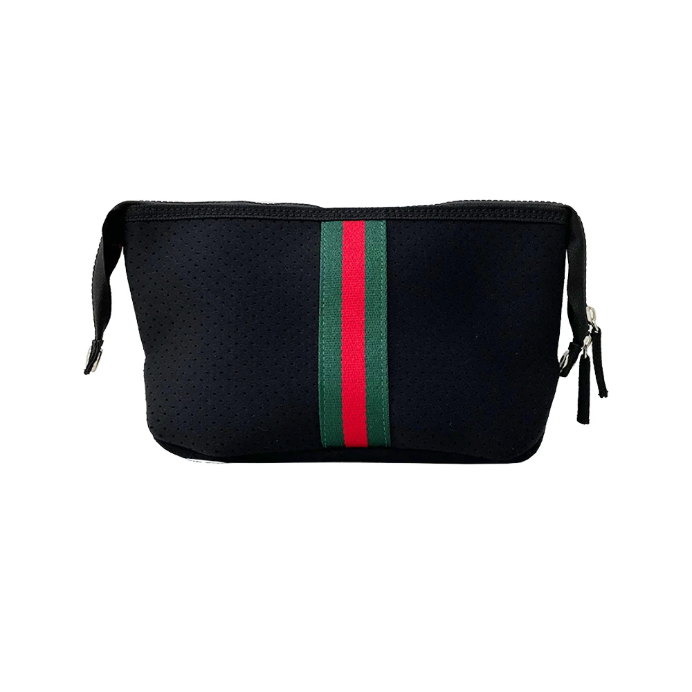 

2020 New Arrival Black Striped Perforated Neoprene Pouch Bag Waterproof and Muliti-functional Travel Cosmetic Make up Bag