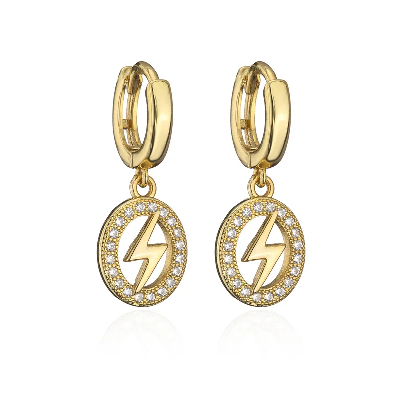 

Classic Jewelry CZ Disc Coin Pendant Lightning Drop Earrings Real Gold Plated Cubic Zirconia Lightning Huggie Hoop Earrings