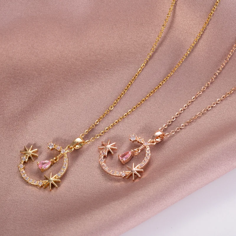 

Minimalist stainless steel star moon water drop cuff round crystal pendant clavicle chain necklace women, Gold/rose gold