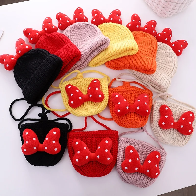 

Fall 2021 Cute Bowknot Mini Crossbody Bags Kids Winter Knit Hats and Purses Handbags Set Little Girls