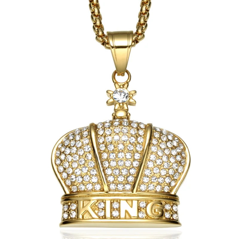 

Fashion Man Hot Jewelry 316L Stainless Steel Gold Plated Full of Crystal King Crown Pendant Necklace, Gold;steel;rose gold and black