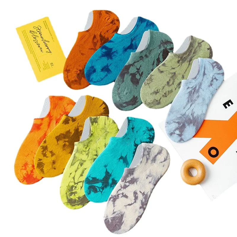 

2021 New hot selling cotton men's boat socks tie-dye series literary personality invisible shallow mouth socks for women