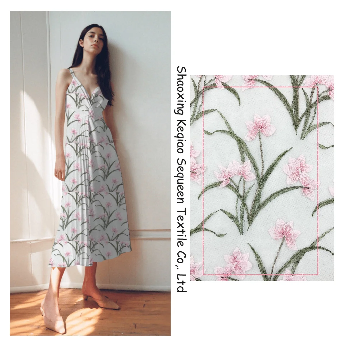 

Multi embroidery Pink Flower floral green leaves gold thread for garments Wedding holiday Bridal Dress fabric Embroidered Fabric, Oem , odm workable