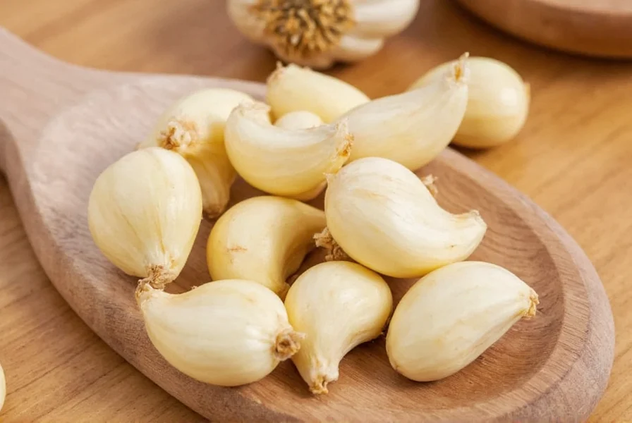 Garlic clove measurement comparison showing small medium and large cloves next to tablespoon measures