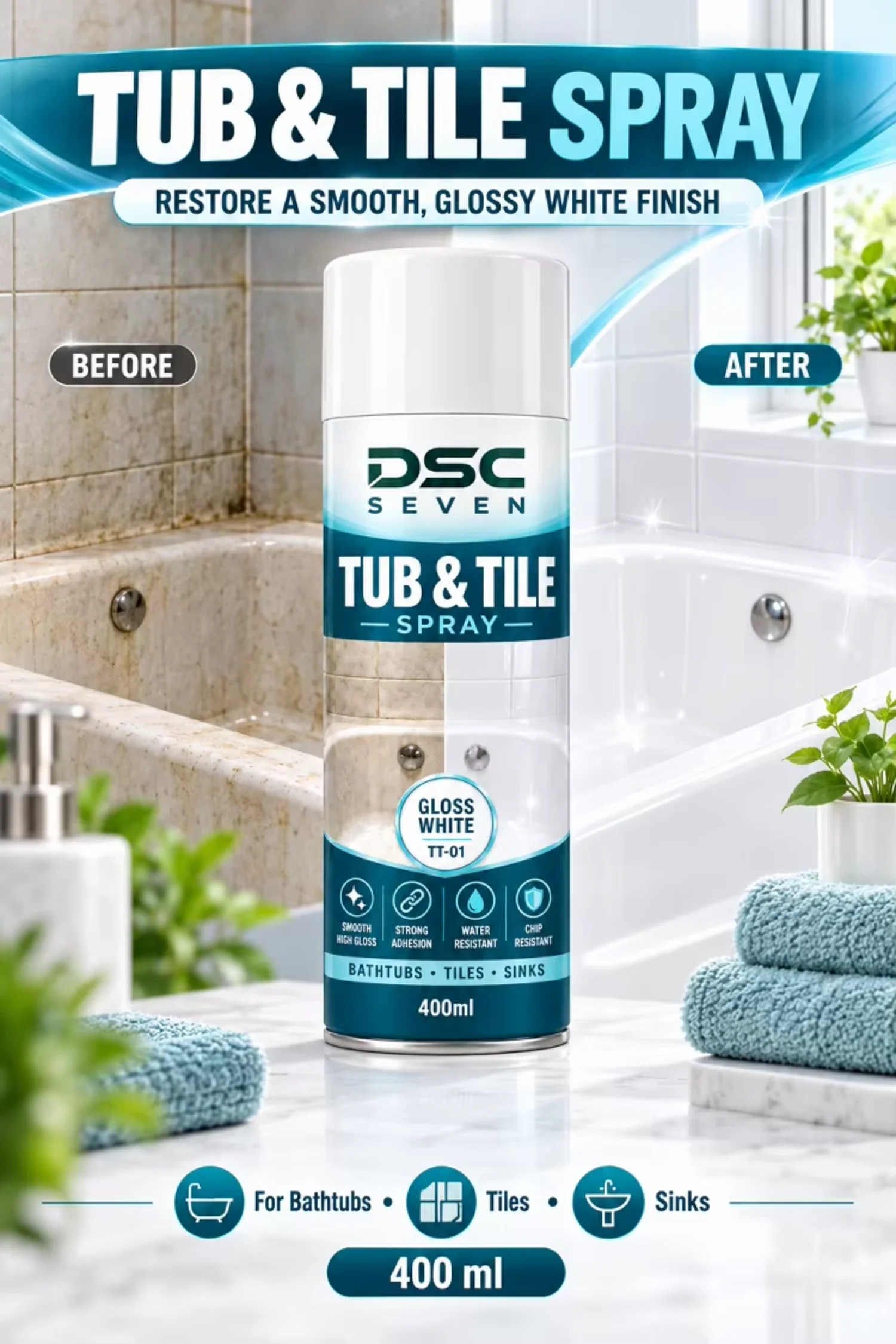 Acrylic Chip Resistant Tub and Tile Spray Paint Gloss White Strong Adhesion Water Resistant Aerosol Bathtub Tile Sink 400ml