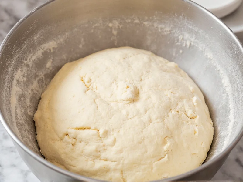Homemade pizza dough in mixing bowl with flour dusting