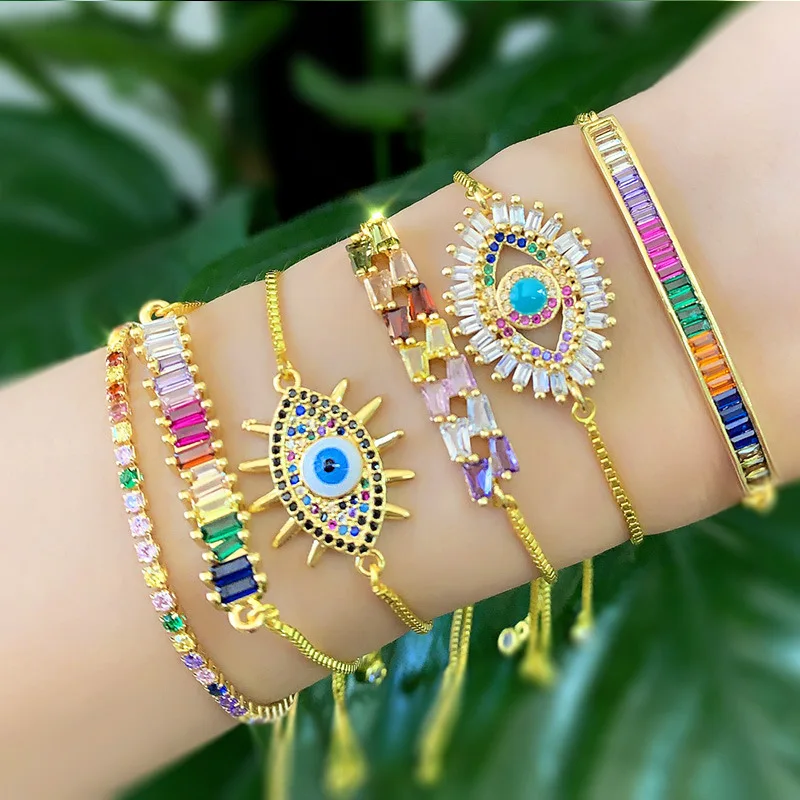 

European Fashion Exquisite Women Slide Adjustable Blue Evils Eyes Bracelet Colorful Cubic Zirconia CZ Rainbow Tennis Bracelet