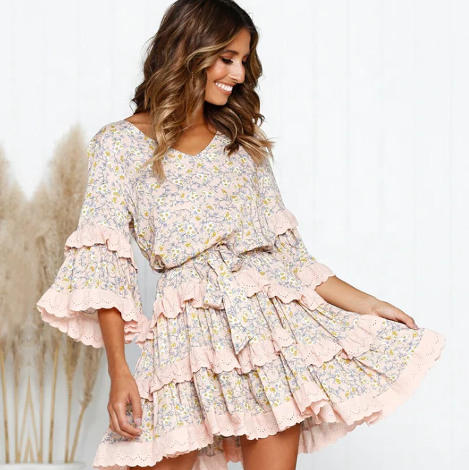 

2020 Fashion summer autumn midi dresses ruffled floral dresses women elegant