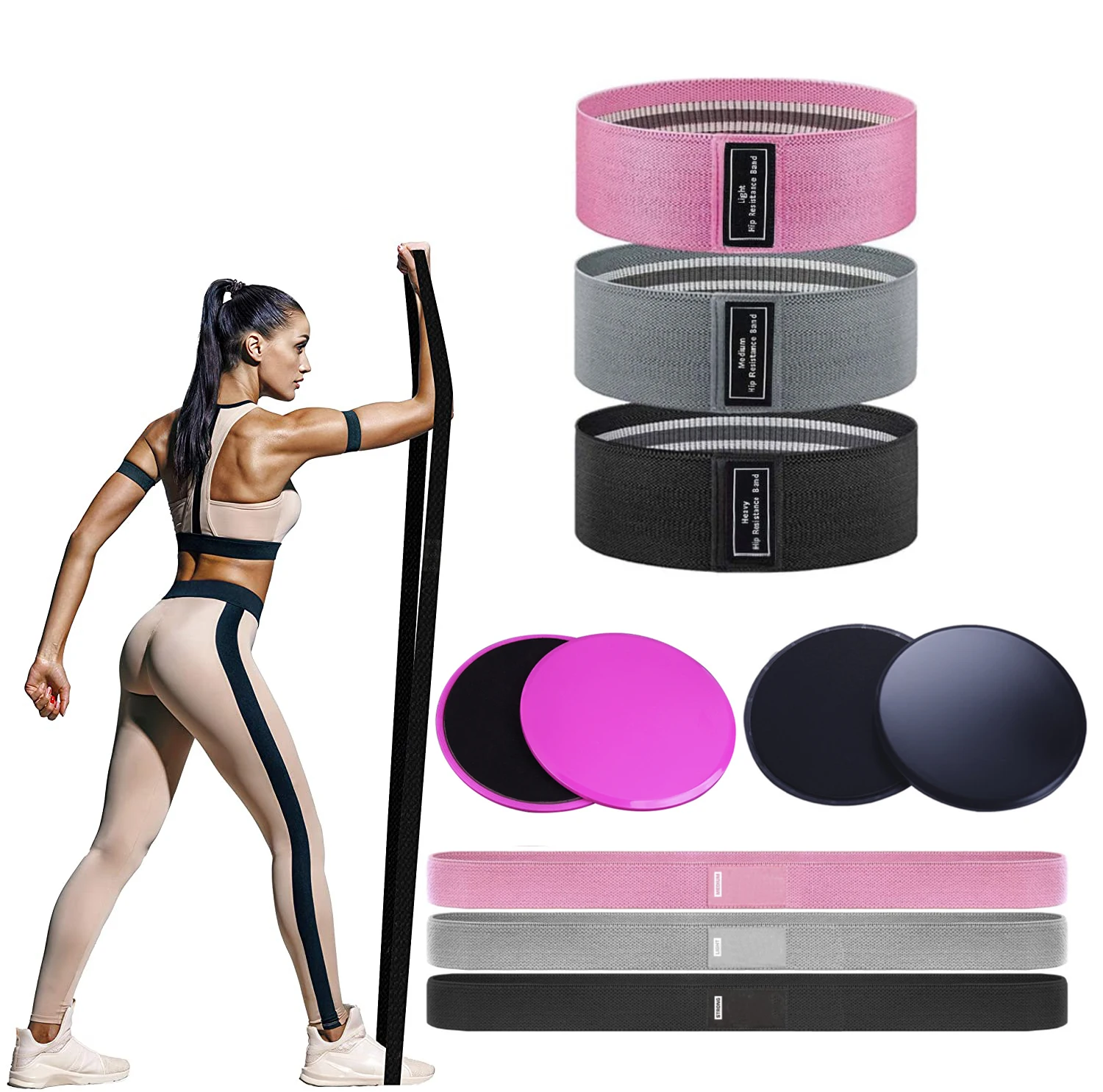 

Custom Logo Long Fabric Resistance Bands for Strength Training, Non-Slip Stretchy Gym Workout Bands Gliding Discs Set Packing, 3 colors for choose