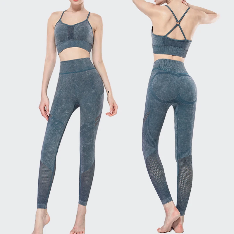 

Cross Back Hot Seamless Yoga Set High Waist Pants 2 Pieces Running Bra Sports Suit Hollow Out Hip Lift Sand Wash Gym Wear