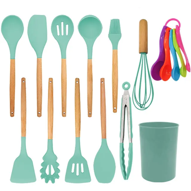 

17pcs Silicone Cooking Kitchen Utensils Set Natural Wood Handle BPA Free Non Toxic Kitchen Utensils Set, Gray,purple,pink,blue,black,green,red