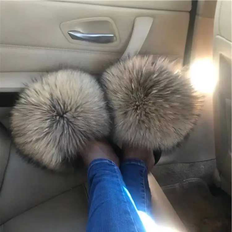 

2021Summer Fashion Female Real Fox Fluffy Slippers Plush Soft Open Toe Cute Sandals Fury Racoon Custom Fur Slides For Women, Customized color