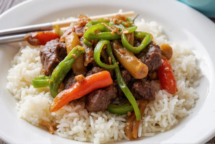 Pepper steak with green peppers and onions served over fluffy white rice with chopsticks