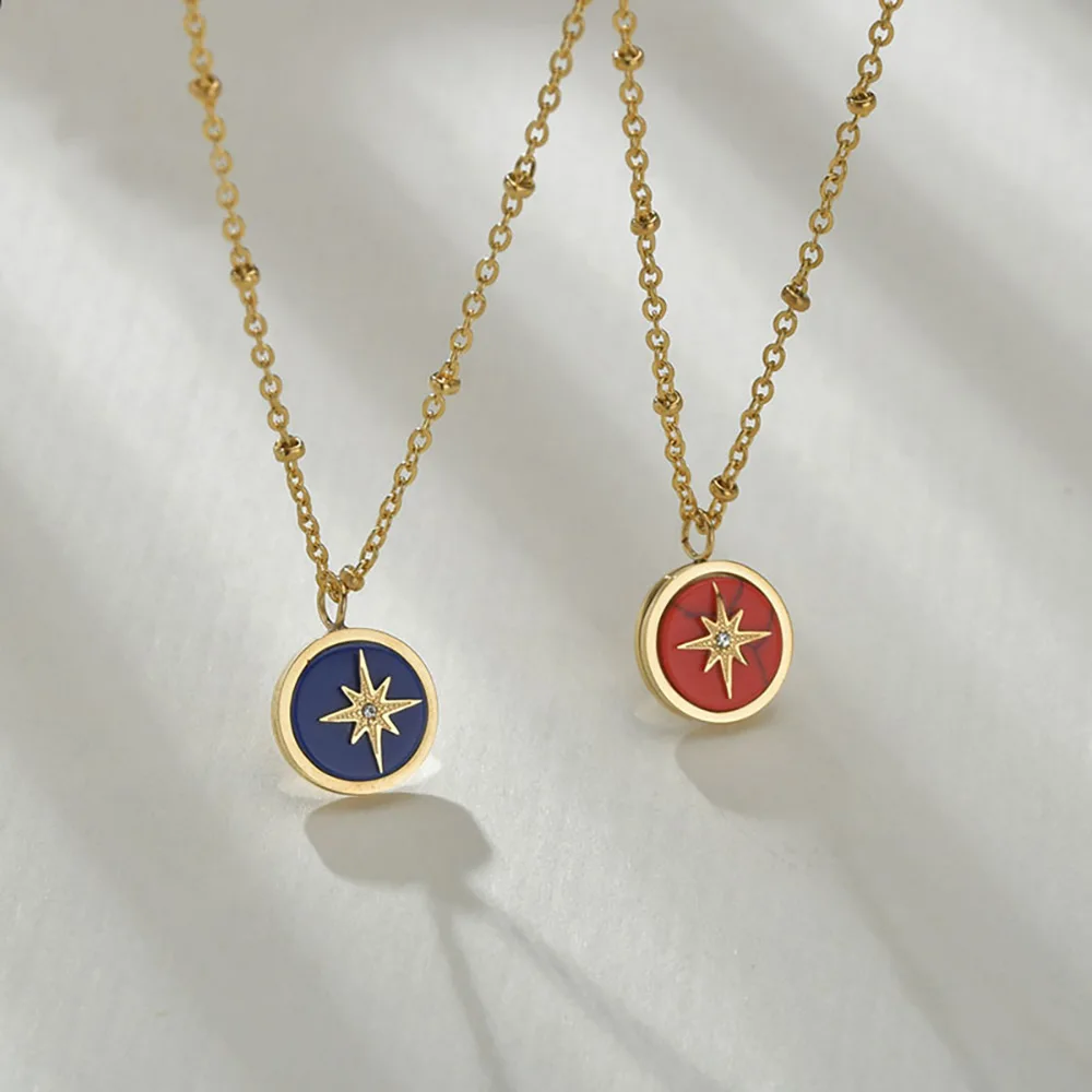 

14k gold plated dainty women vintage jewelry zircon round pendant six-pointed stainless steel star necklace, Gold red/golden blue