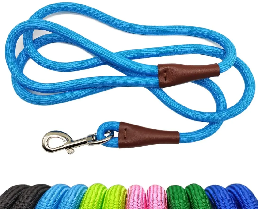 

Wholesale customized Heavy Duty Nylon Rope Dog Leash Climbing Rope Leash with Premium Leather Connector Sturdy Silver Clasp