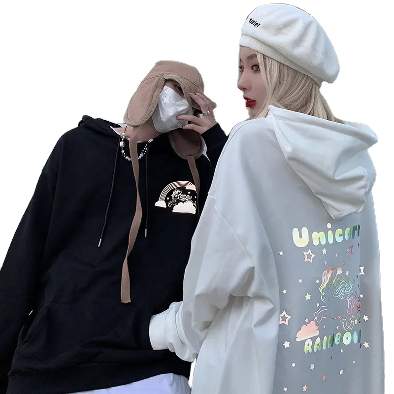 

2020 new reflective unicorn hooded thin couple girlfriends dress sweater women streetwear women sweatshirt top ins