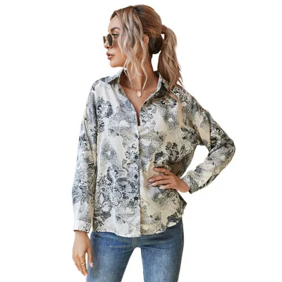 

ZC00064 Women Spring Fall Ladies Tops Long Sleeves Elegant Turn-down Collar Loose Girls Silk Printing Womens Blouse Tops Shirt