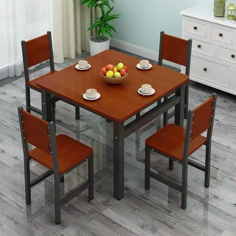 Traditional square Iron and stainless steel dining Multi-colored wooden table for restaurant