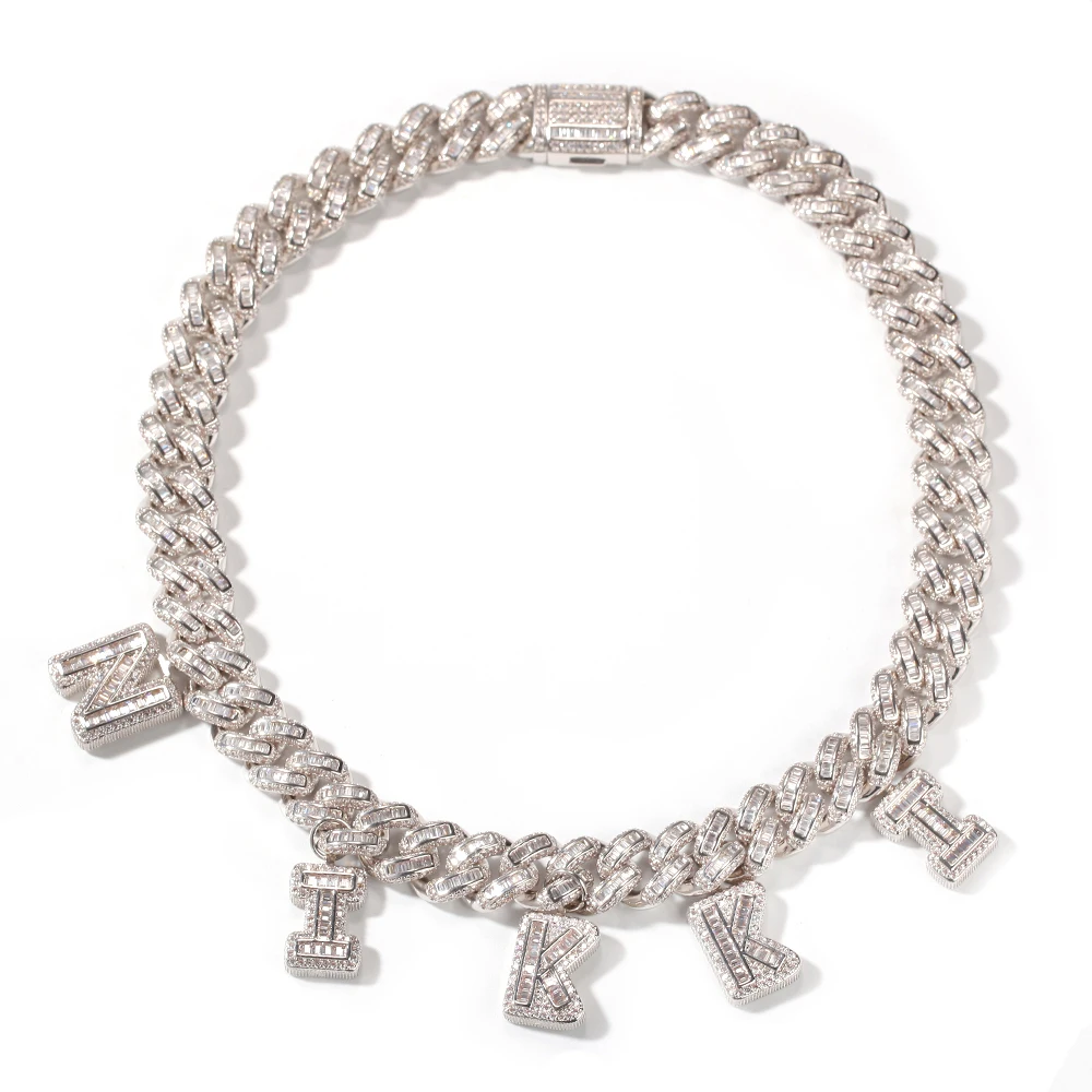 

Iced Out Baguette Charm Baguette CZ Cuban Chain DIY Custom initials Name Necklace Bracelet Personalize Rapper Jewelry