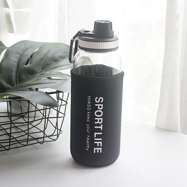 

Gramfire Low moq double wall glass water drinking bottle with plastic lid and sleeves, Silver , red, green, black etc