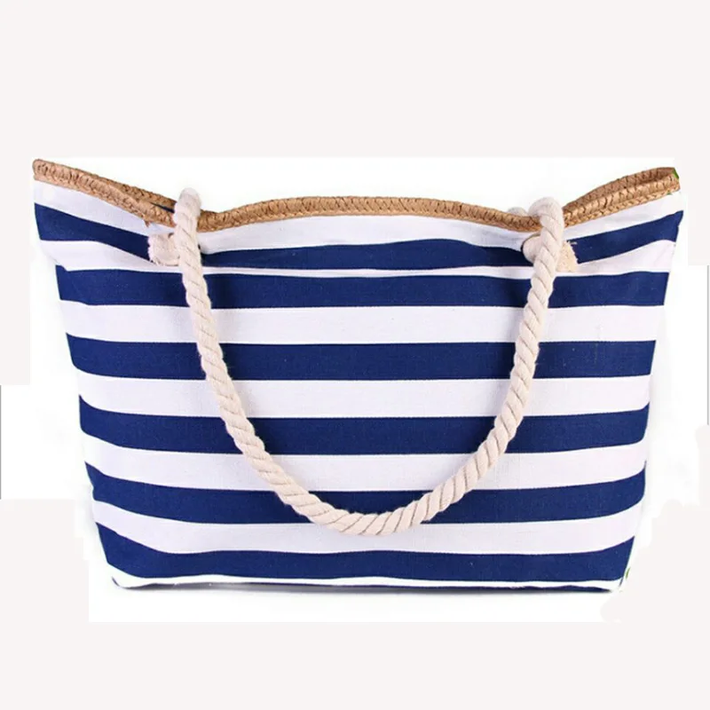 

New Arrival Low MOQ Wholesale Striped Print Cotton Canvas Woman Summer Beach Tote Bags with Cotton Rope Handle, 3 colors