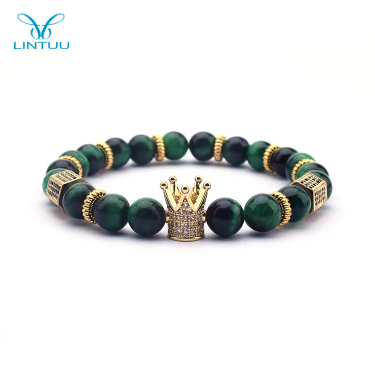 Fashion China 8mm Gold Natural Stones Rhinestone Men Crown Bead Bracelet For Gifts