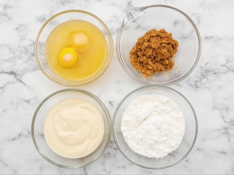 Waffle batter ingredients in glass bowls
