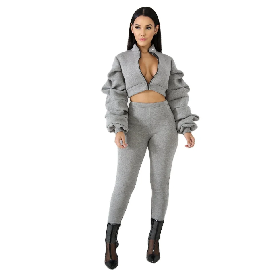 

women crop top fleece tracksuit round neck 2 piece sweatshirt for women solid color fall clothing 2021