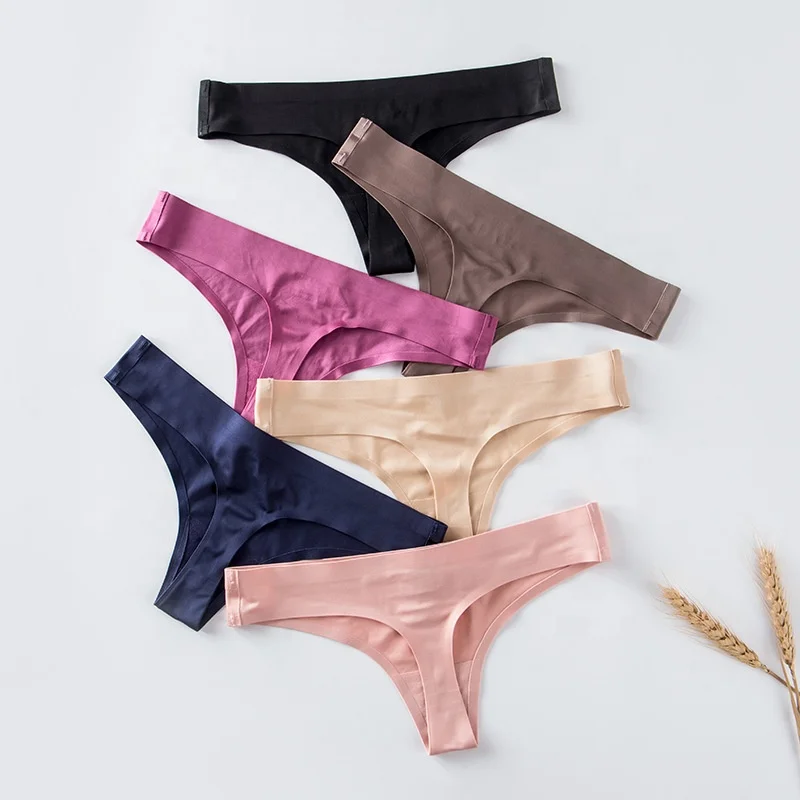 

Women middle low waist laser cut plus size seamless ice silk underwear breathable sexy cotton T-back panties thong for custom
