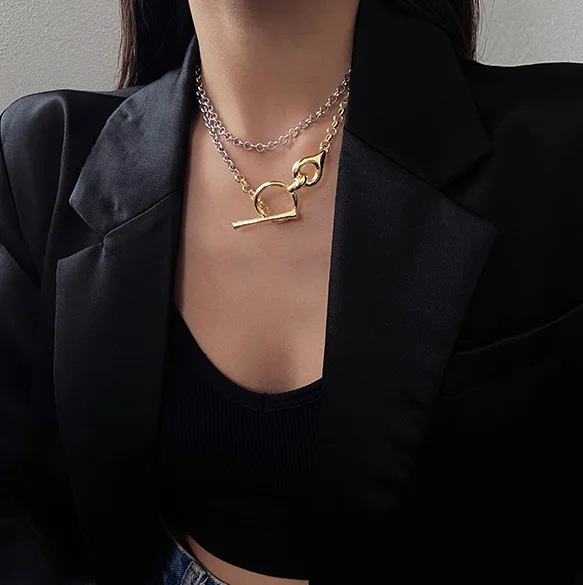 

DANYUAN gold silver two tone necklace American simple ot buckle clavicle chain female necklace hipster rock style necklace, Picture