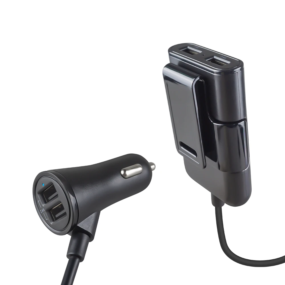 

4 Ports USB Car Charger with Backseat Clip Extension Cable For Mobile Phone Rear Back Seat Vehicle Car Charger Adapter, Black