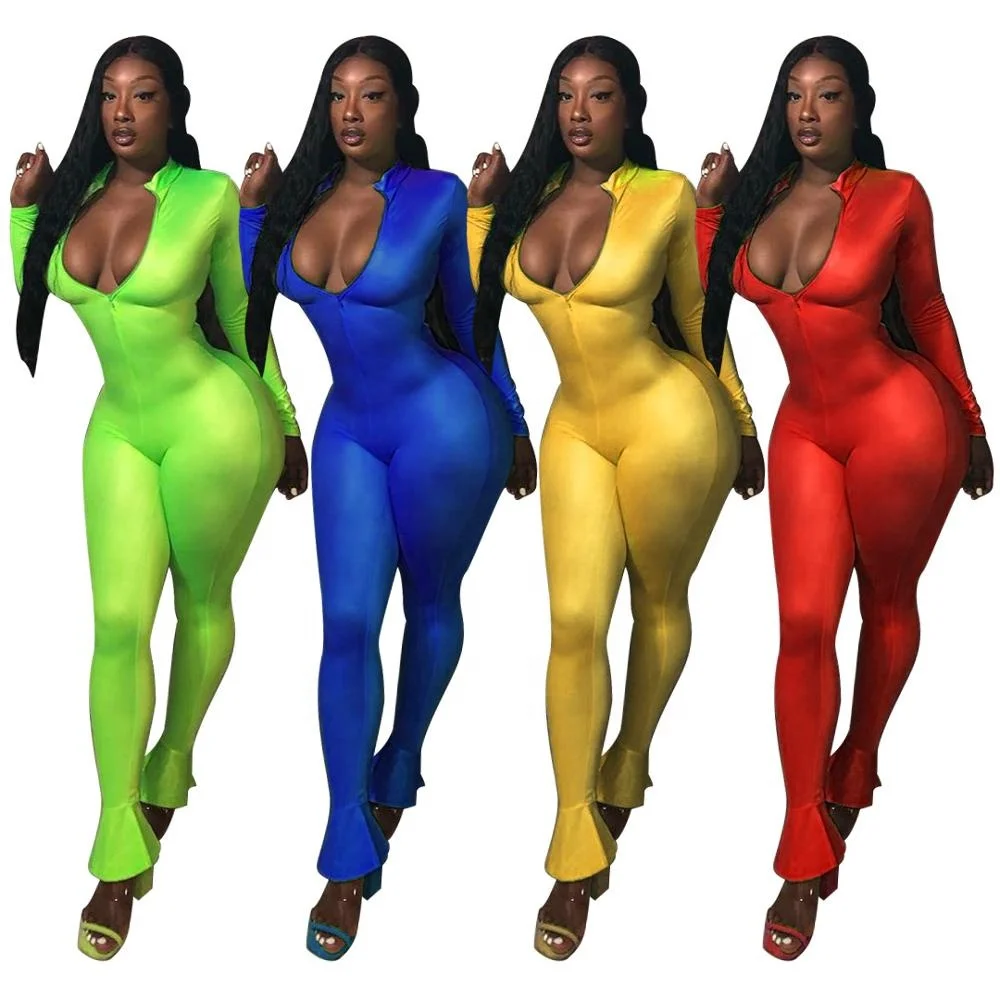

B34626A 2019 Lady club wear neon color slim fit bodycon bandage jumpsuit