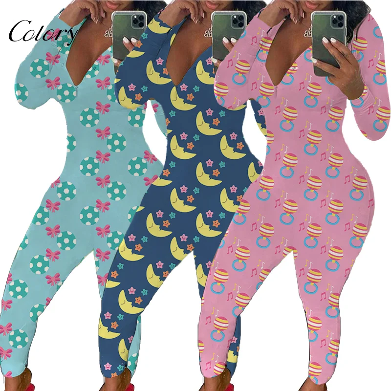 

Colory Warm Winter With Butt Pocket Allover Printing Button Onesie, Picture shows