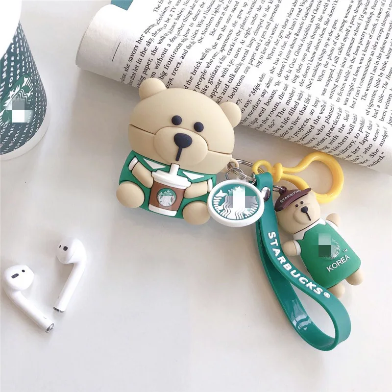 

Cute 3D rubber bear shockproof earpod case for airpods pro silicone for airpod case cover luxury keychain, Green, brown