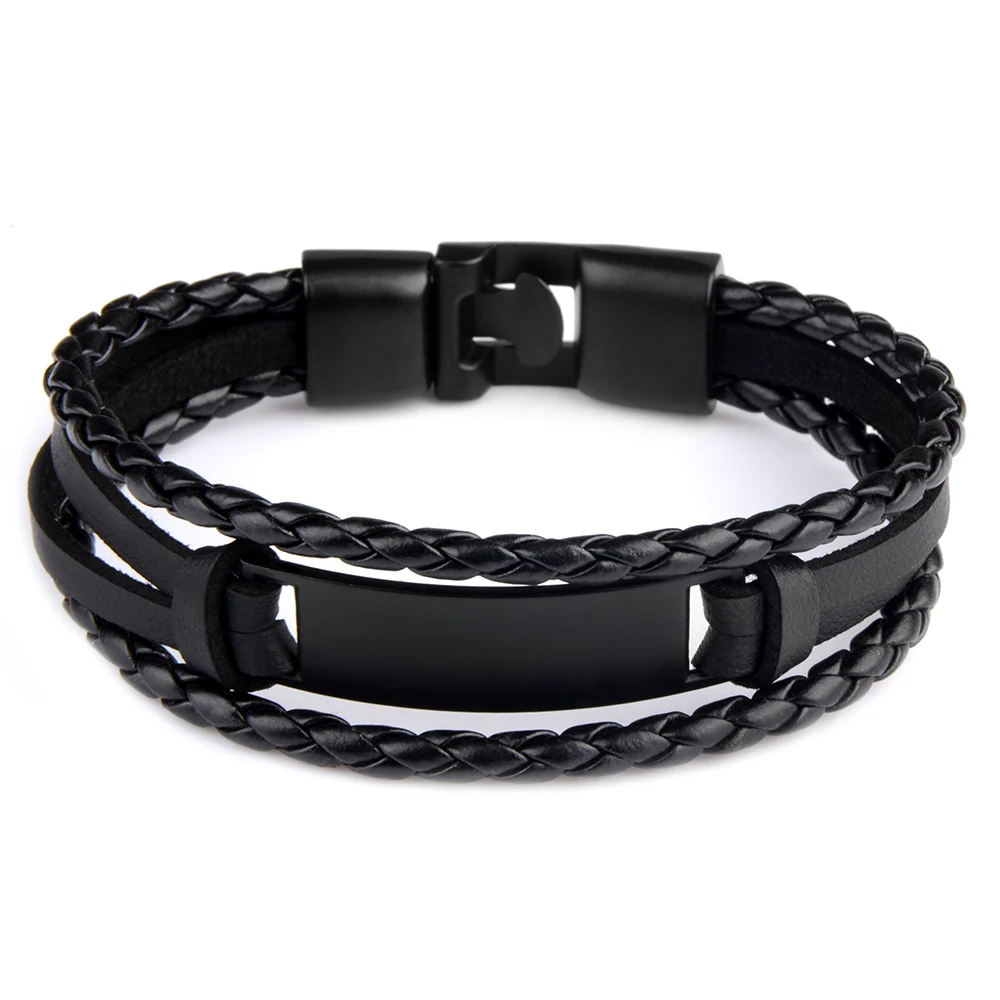 

Multi Layer Men Braided Real Leather Alloy Buckle Clasp Bracelet With Custom Logo