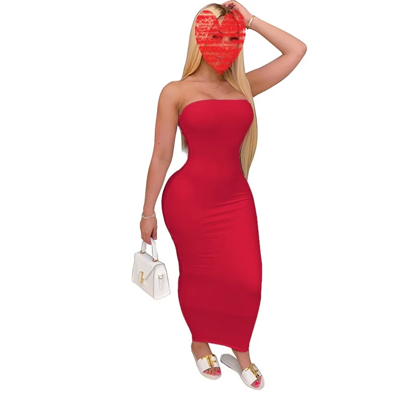 

Women's Sexy Cocktail High Elastic Waist Tight Chest Wrap Solid Color Sleeveless Long Dress