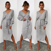 

Autumn Jumper Casual Deep V Neck Long Sleeve Sexy Sweater Dress Woman