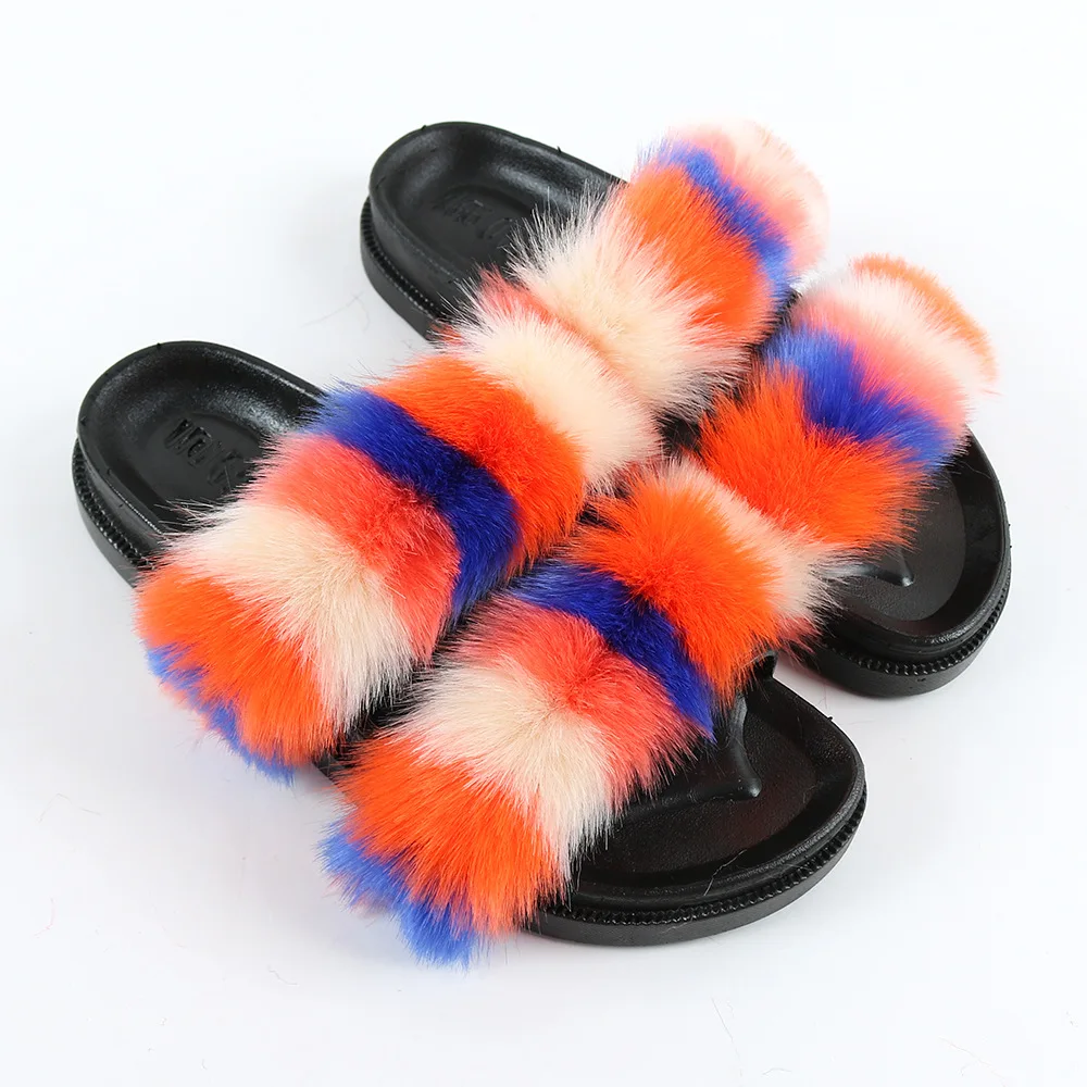 

Wholesale Pure Color Indoor Double Strap Furry Imitation Faux Rabbit Fox Fur Sandals for Women