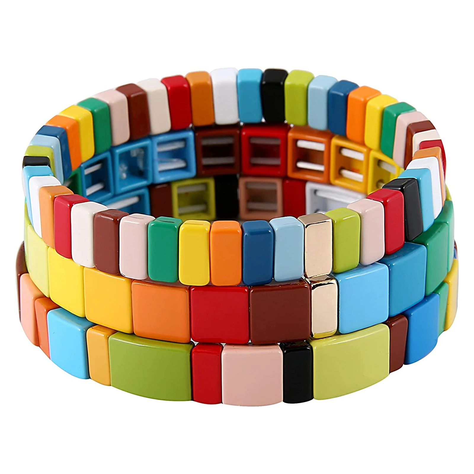 

Cool Trendy Stackable Enamel Stretch Tile Bracelet Bohemian Strand Rainbow Colorblock Spray Paint Beads Bracelets for Women