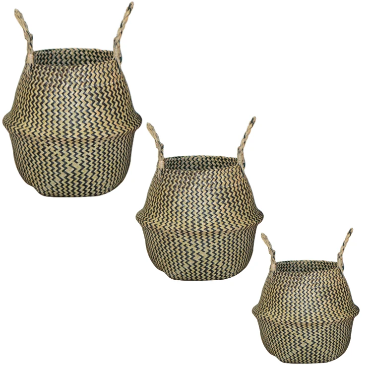 

Factory Direct Sales Plaited Woven Sea grass Belly Grocery Basket for Storage Plant Pot, Black strips or or custom color