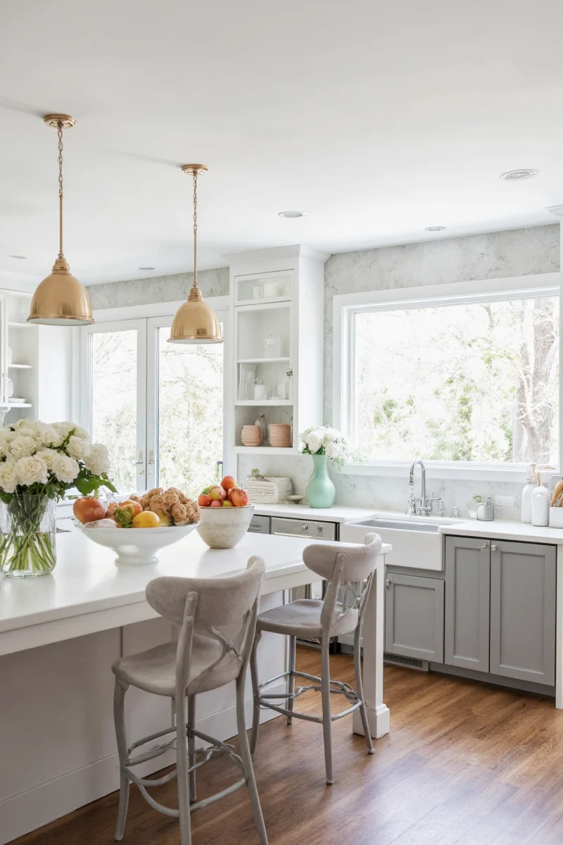Kitchen with black pendant lights and brass hardware